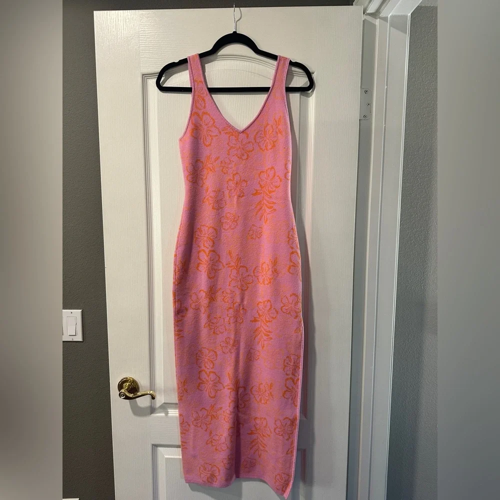 l*space Pink Knit Midi Dress with Orange Floral Jacquard - Picture 1 of 3
